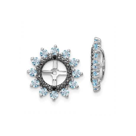 Sterling Silver Sunburst Earring Jackets for Women with Light Blue and Black Cubic Zirconia, Petal Design Stud Enhancers, Circular Frame Fashion Earrings for Casual and Formal Daily Wear Looks