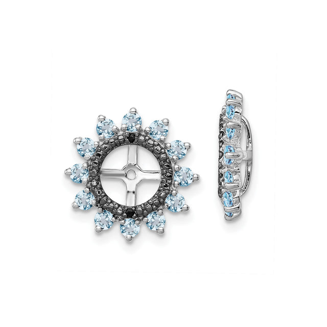 Sterling Silver Sunburst Earring Jackets for Women with Light Blue and Black Cubic Zirconia, Petal Design Stud Enhancers, Circular Frame Fashion Earrings for Casual and Formal Daily Wear Looks