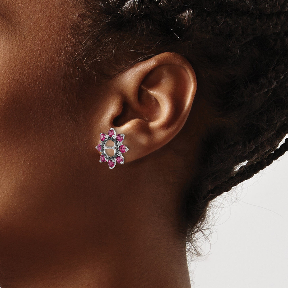 Sterling Silver Earrings with Rhodolite Garnet, Black Sapphire, Floral Sunburst Design