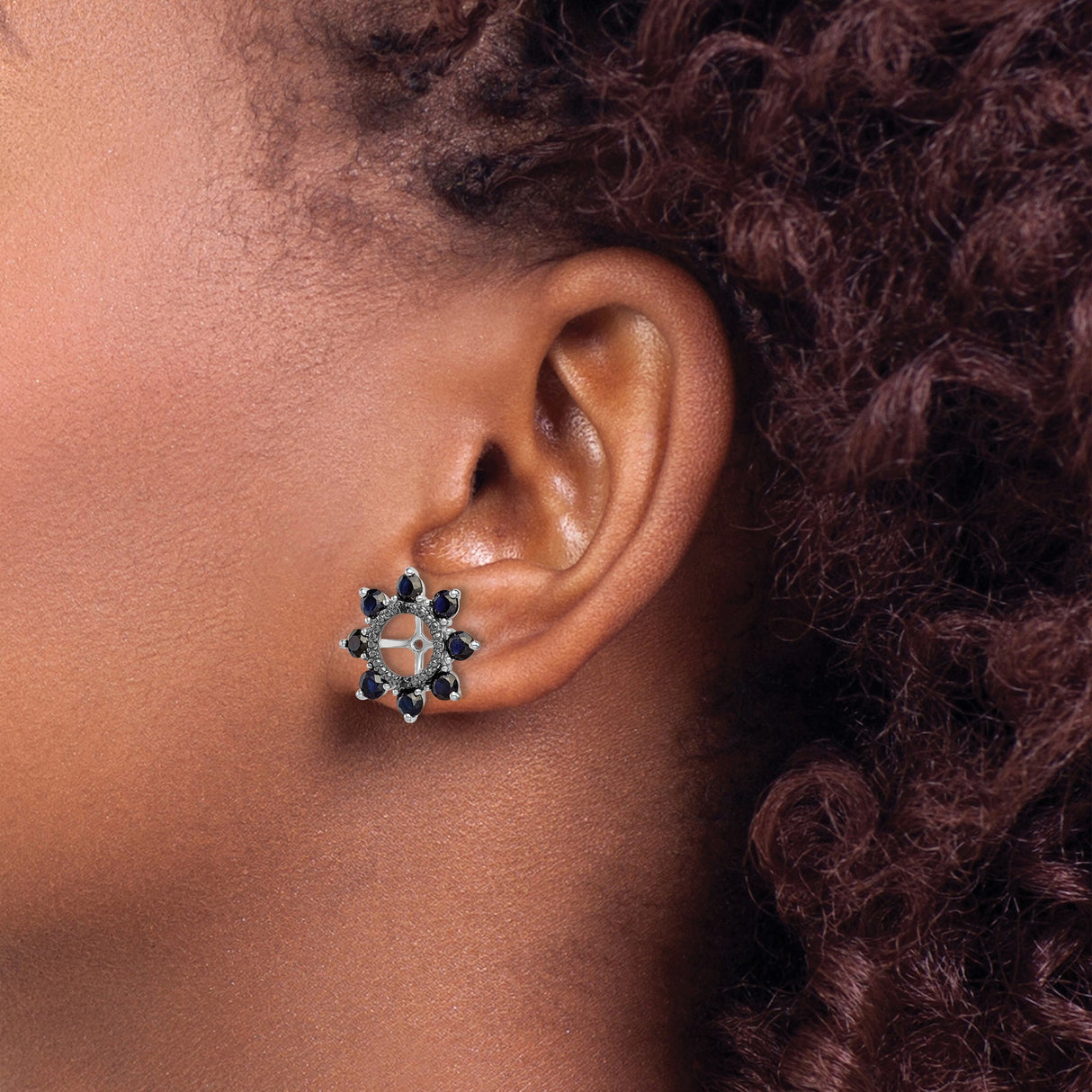 Sterling Silver Stud Earrings with Created Sapphire, Christian Cross and Sunburst Design