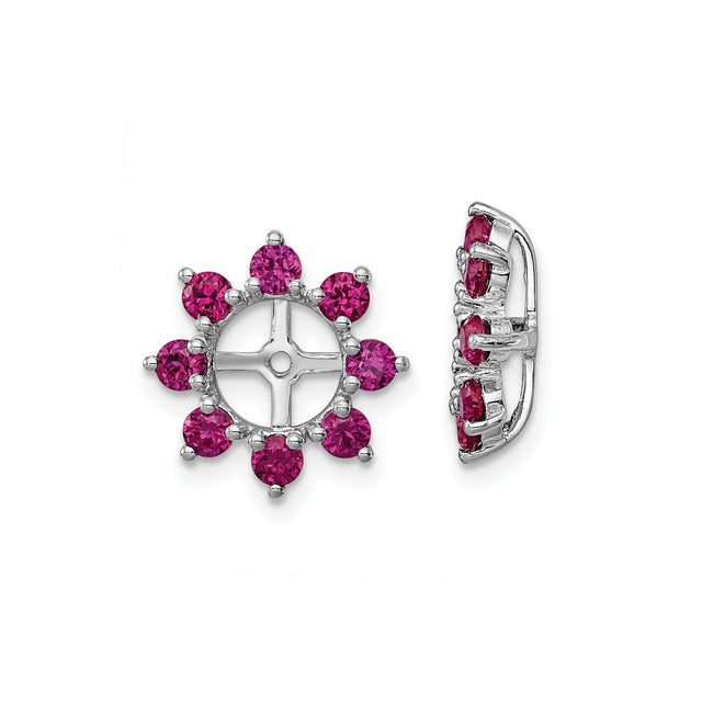 Sterling Silver Stud Earrings with Created Ruby, Floral Wheel and Cross Design