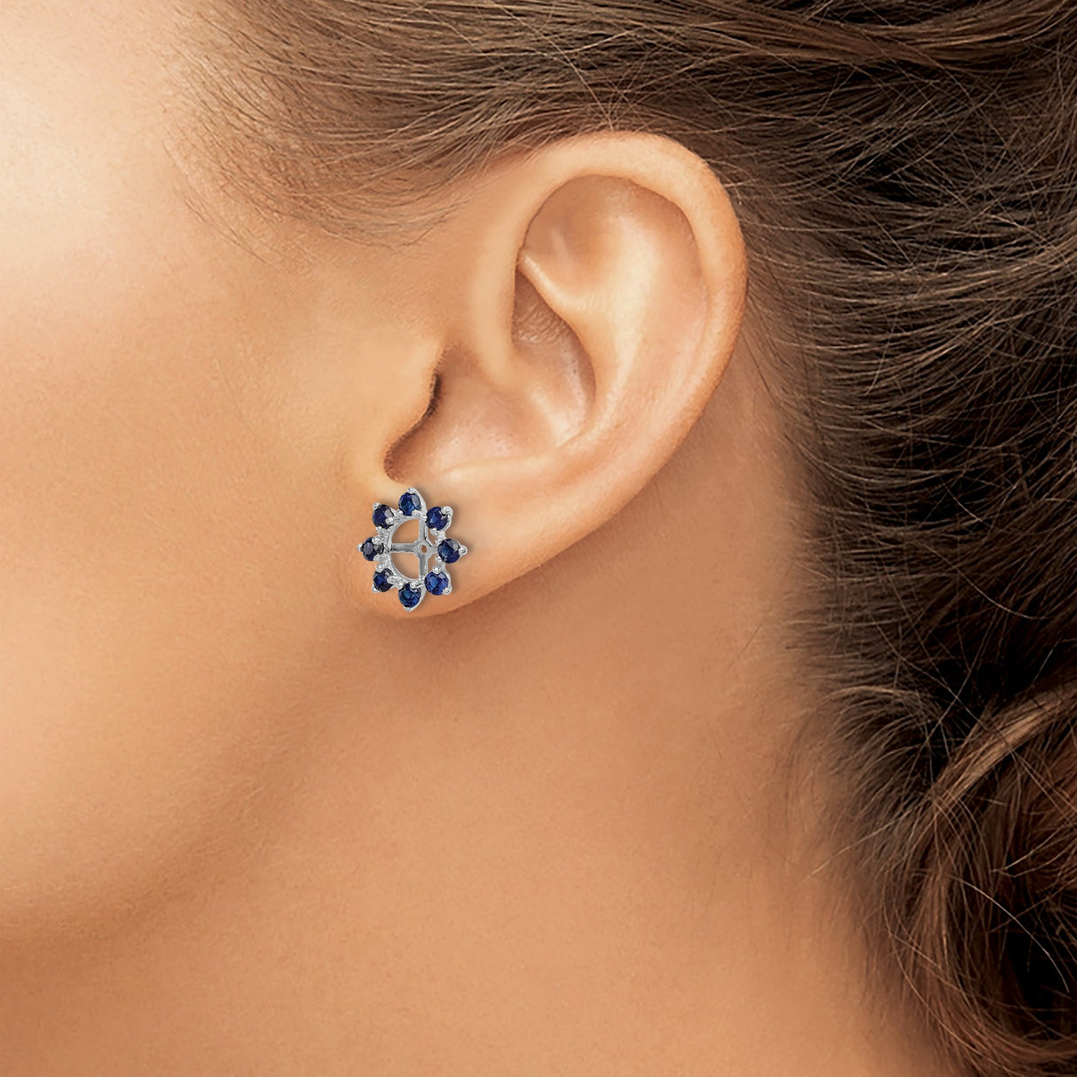Sterling Silver Stud Earrings with Created Sapphire, Floral Wheel Design and Cross Motif