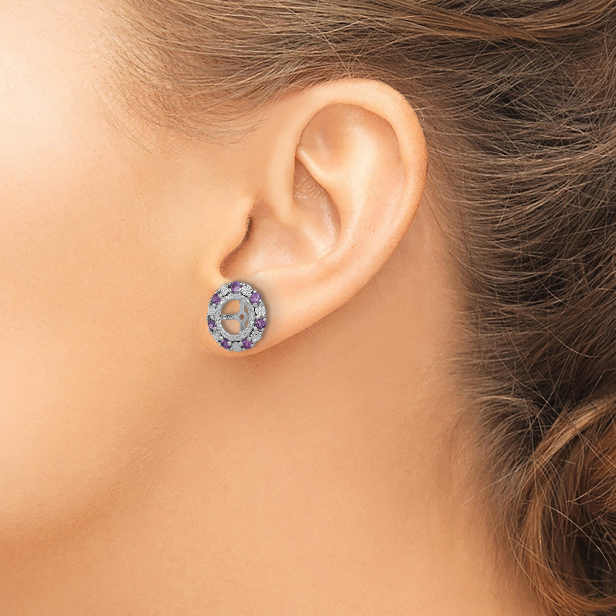 Sterling Silver Cross Earrings with Amethyst, Halo Studs, Christian Faith Design for Women