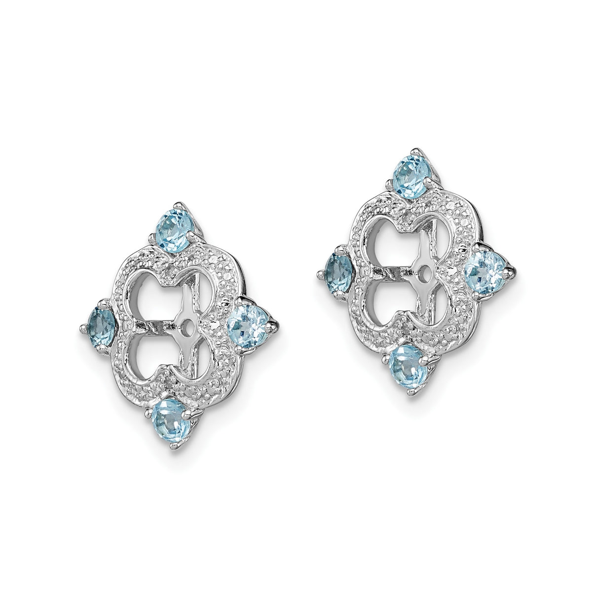 Sterling Silver Drop Earrings with Swiss Blue Topaz and Diamond, Floral Quatrefoil Design