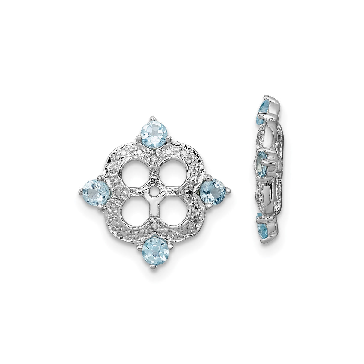Sterling Silver Drop Earrings with Swiss Blue Topaz and Diamond, Floral Quatrefoil Design