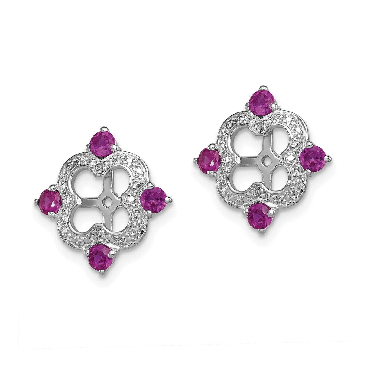 Sterling Silver Stud Earrings with Rhodolite Garnet and Diamond Accents, Quatrefoil Floral Design