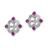 Sterling Silver Stud Earrings with Rhodolite Garnet and Diamond Accents, Quatrefoil Floral Design