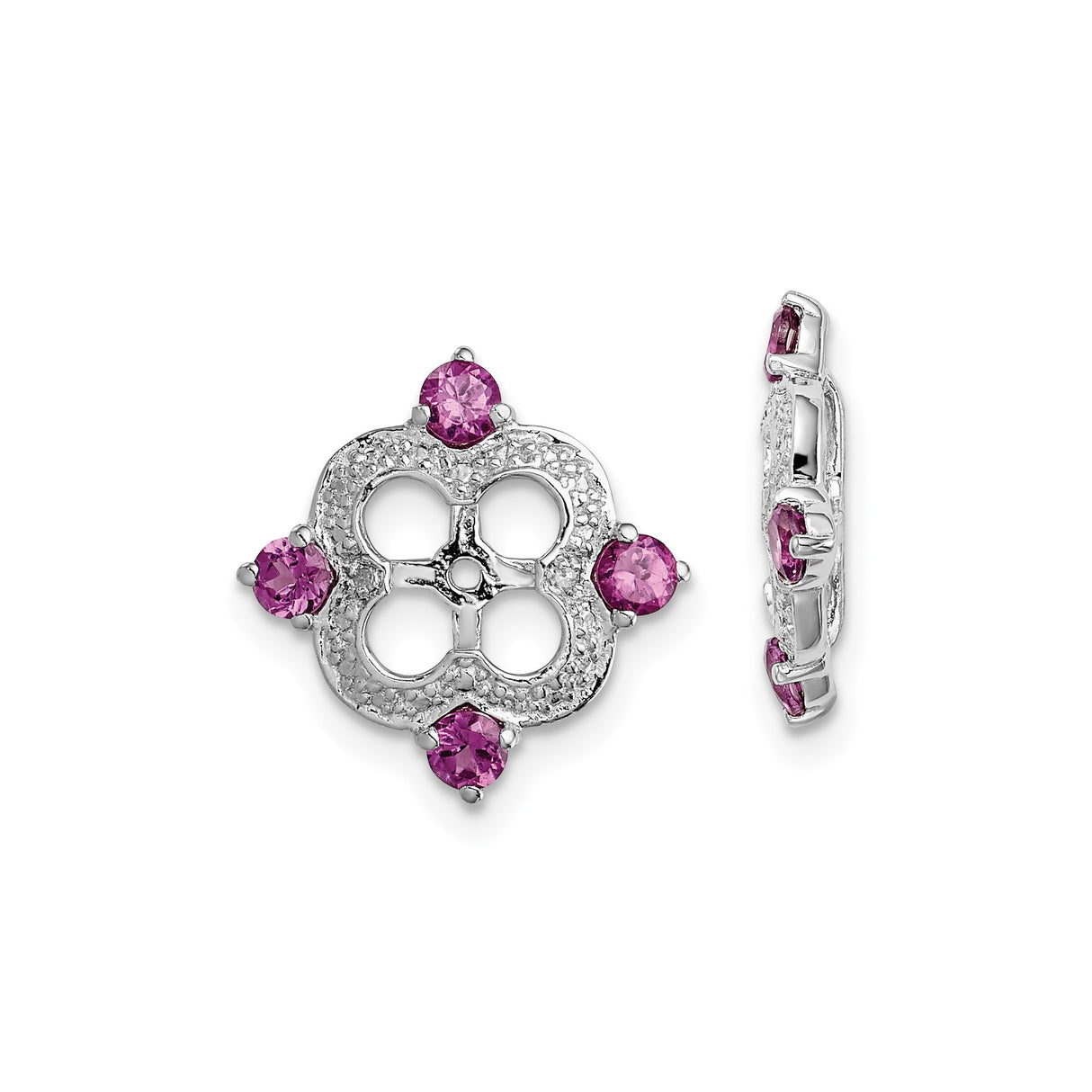 Sterling Silver Stud Earrings with Rhodolite Garnet and Diamond Accents, Quatrefoil Floral Design
