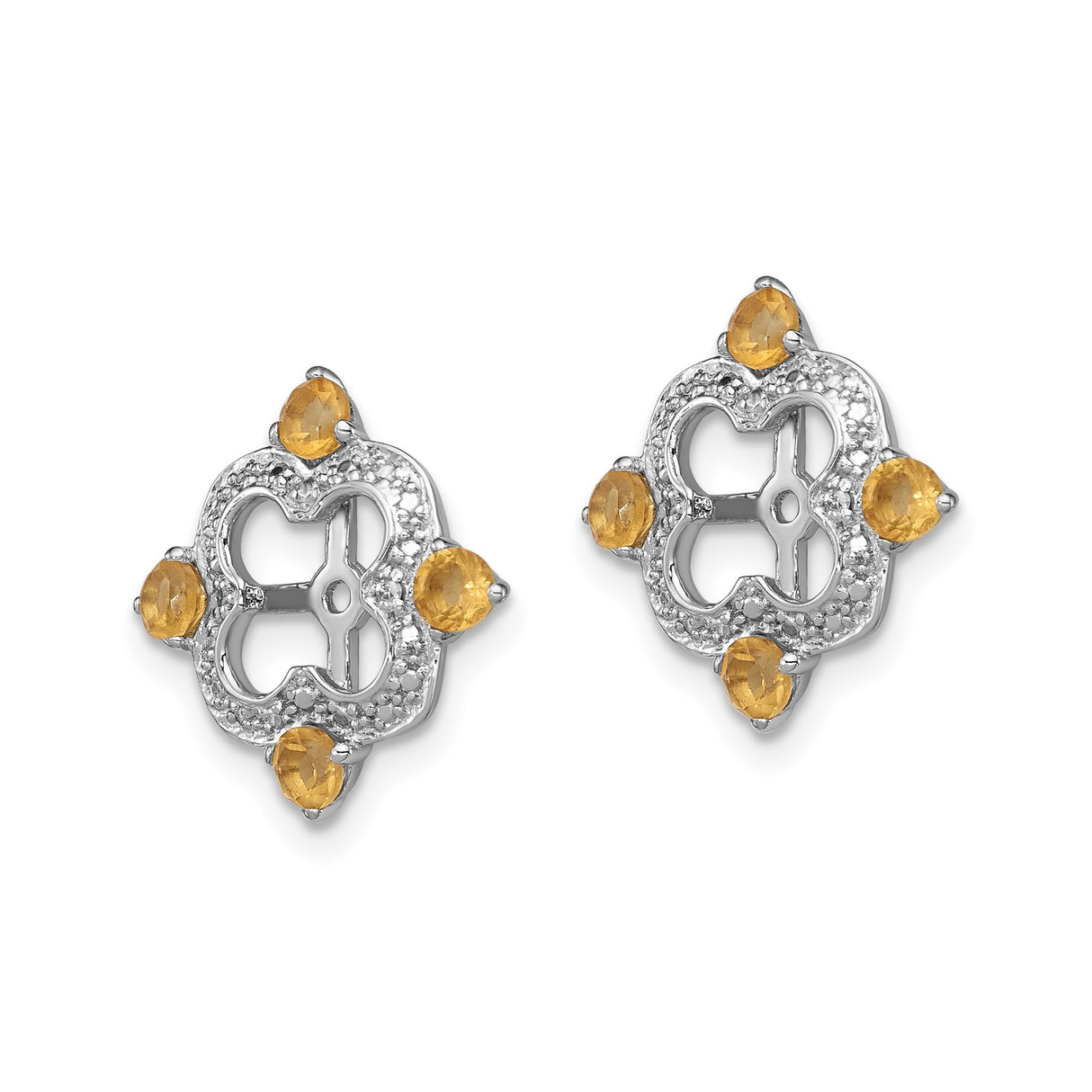 Sterling Silver Earrings with Citrine and Diamond, Floral Quatrefoil Studs for Women