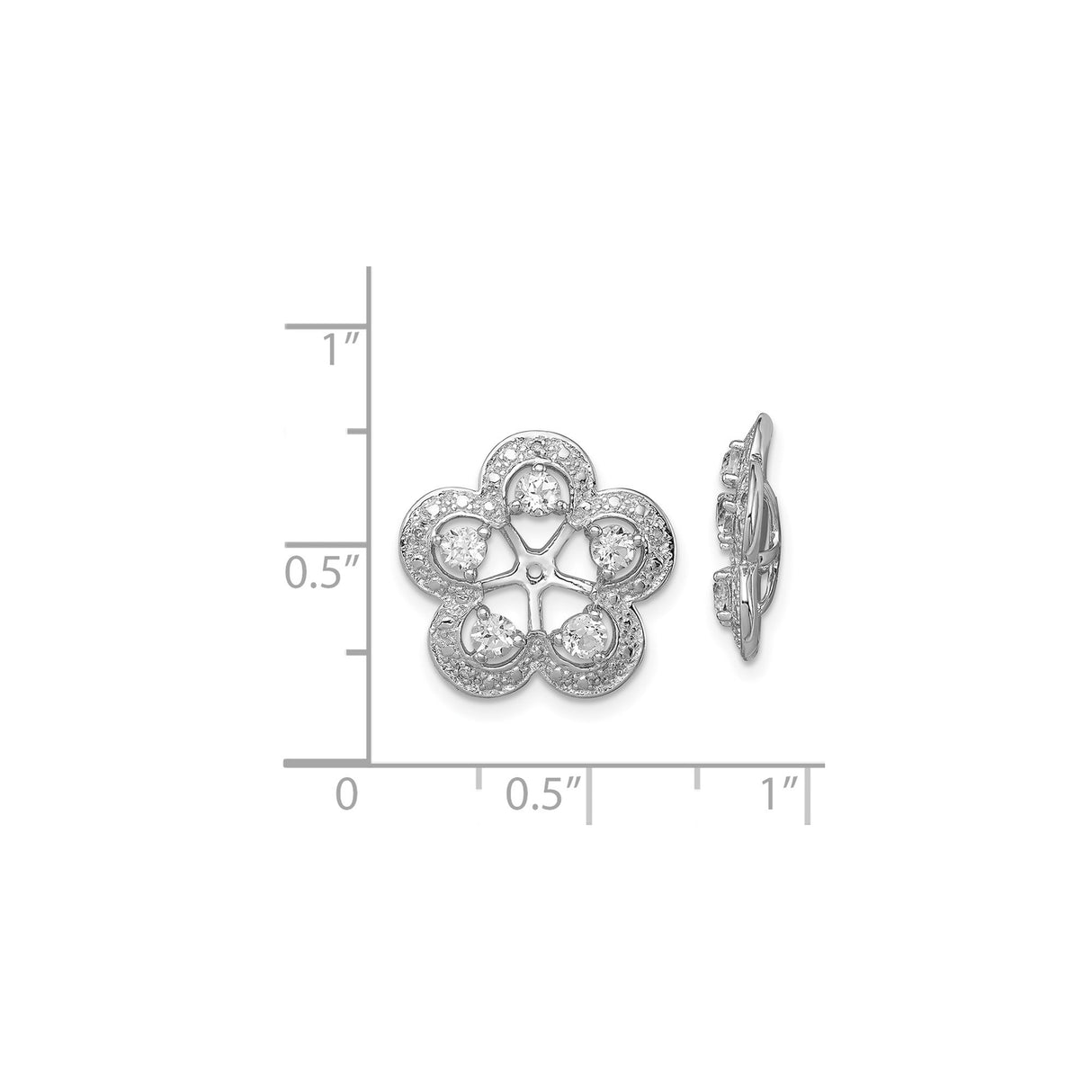 Sterling Silver Stud Earrings with White Topaz and Diamond, Floral Openwork Design