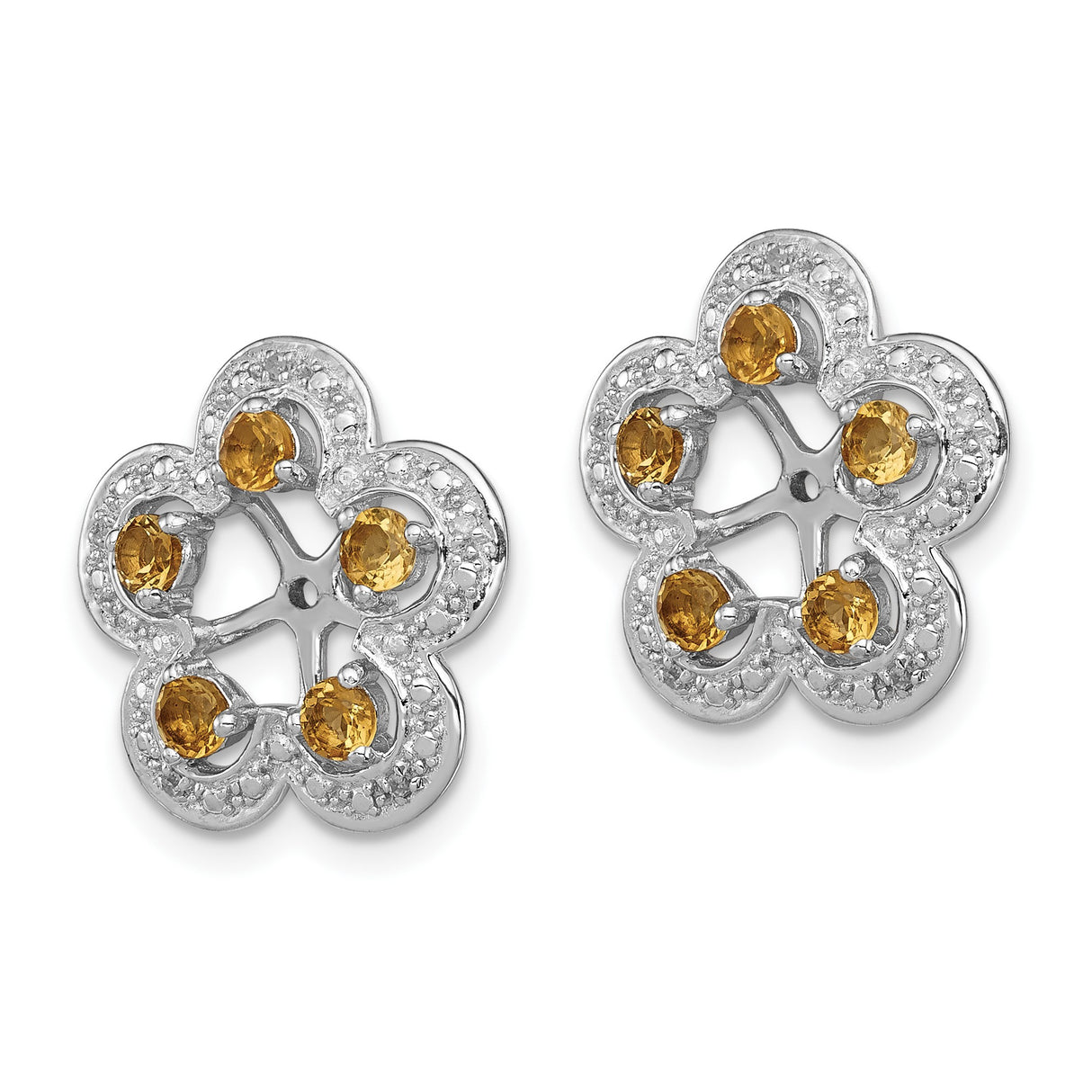 Sterling Silver Earrings with Citrine and Diamond, Floral Openwork Studs for Women