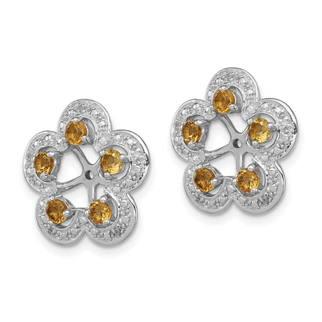 Sterling Silver Earrings with Citrine and Diamond, Floral Openwork Studs for Women