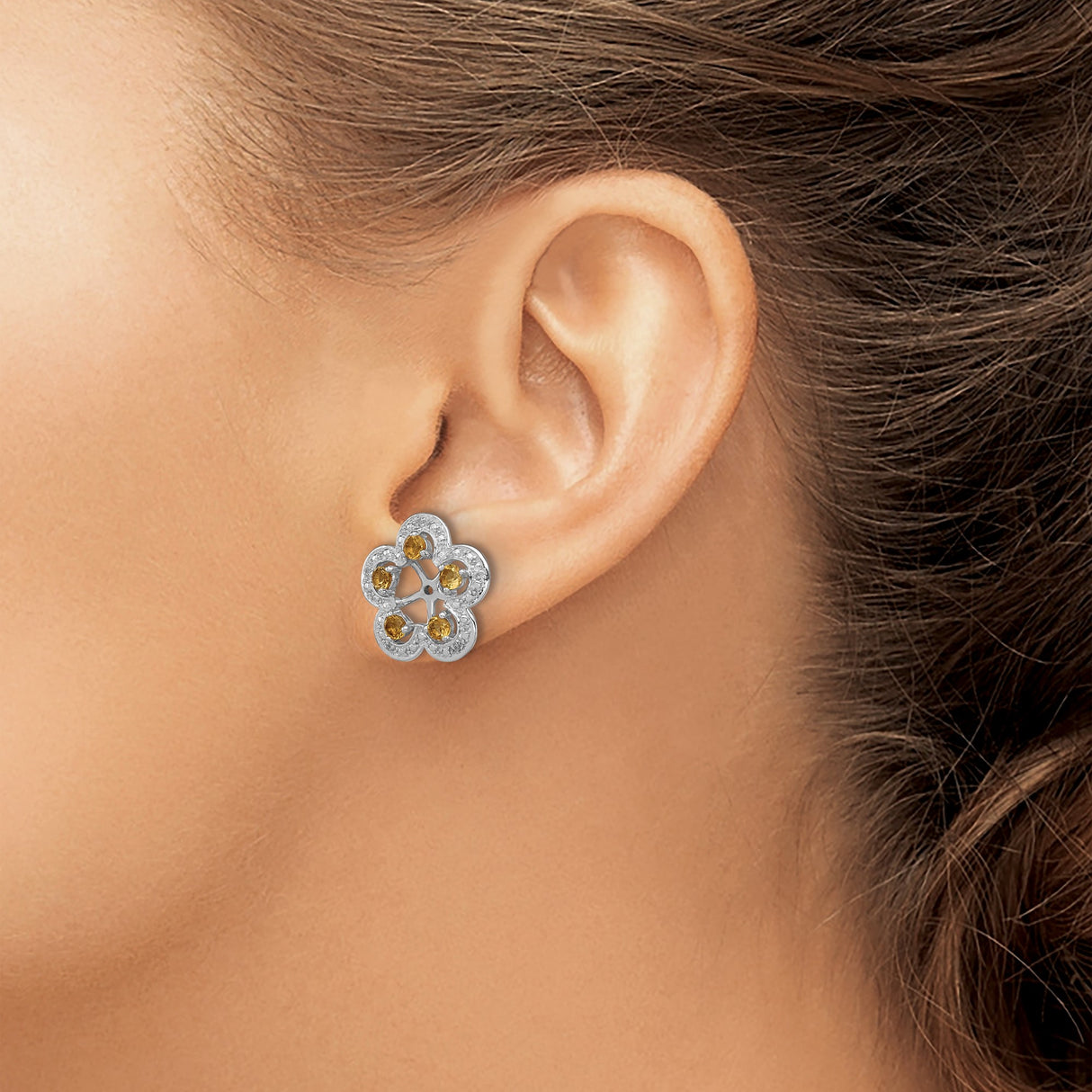Sterling Silver Earrings with Citrine and Diamond, Floral Openwork Studs for Women