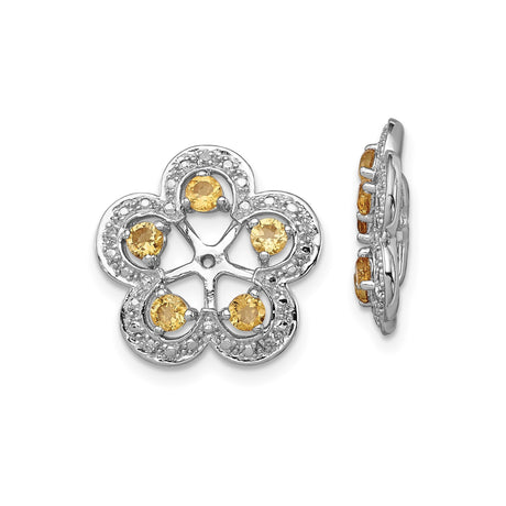 Sterling Silver Earrings with Citrine and Diamond, Floral Openwork Studs for Women