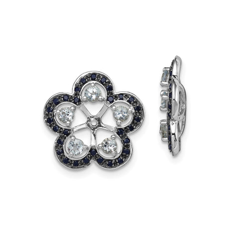 Sterling Silver Floral Stud Earrings with Aquamarine and Sapphire Stones, Five Petal Design