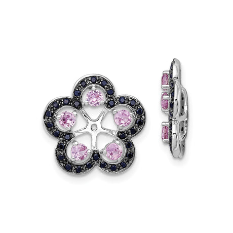 Sterling Silver Floral Stud Earrings with Created Sapphire and Dark Blue Gemstones