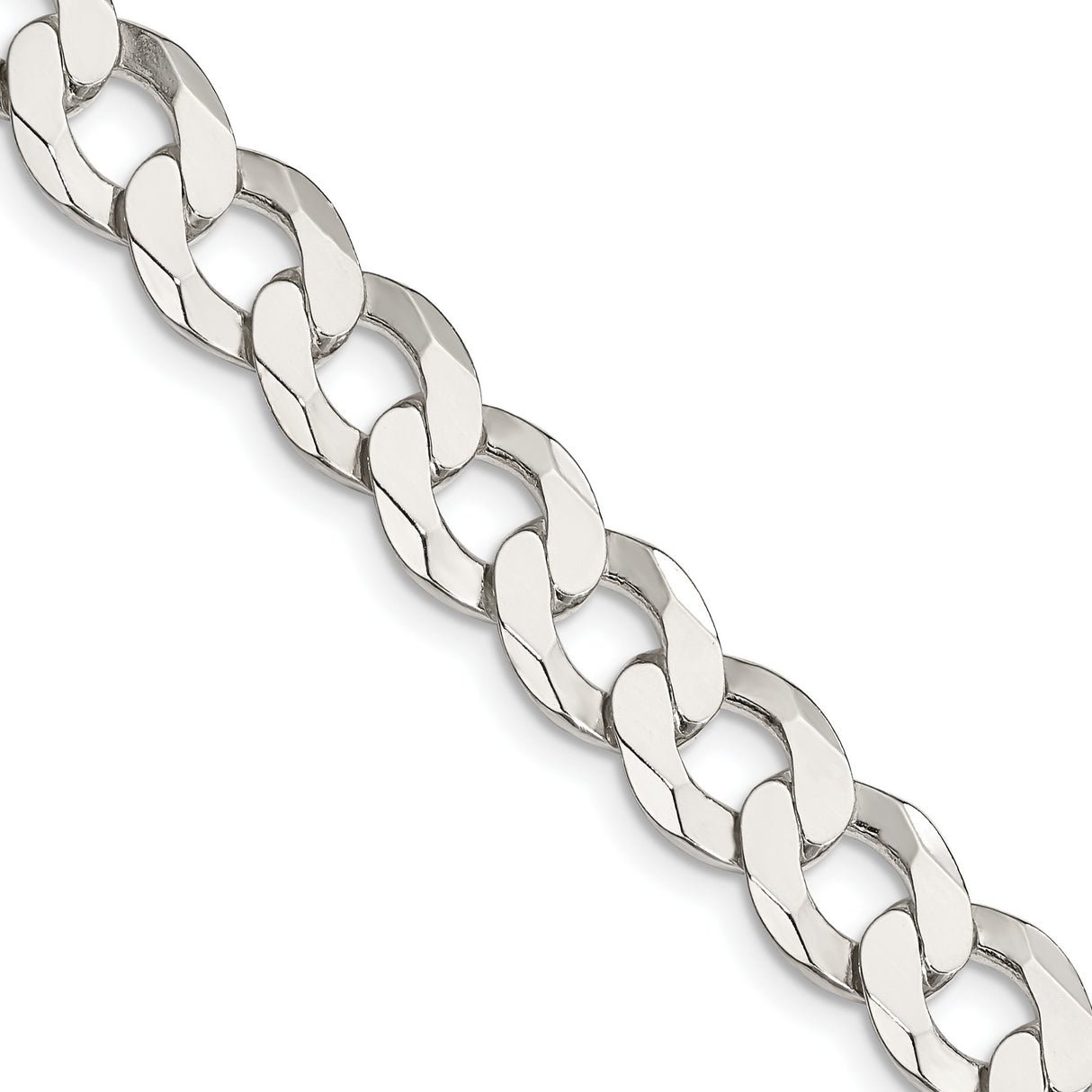 925 White Gold 9.75 mm Curb Chain Necklace, Polished detail view