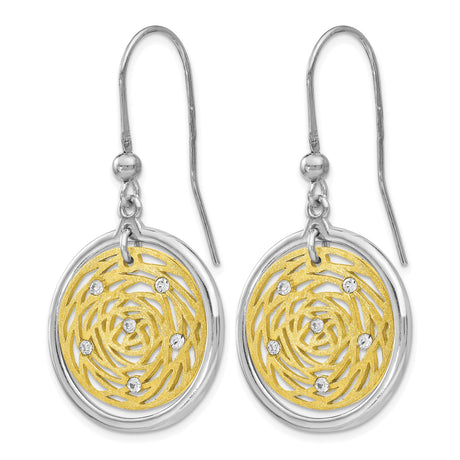 Sterling Silver and 14K Yellow Gold Dangle Earrings with Cubic Zirconia, Swirl Floral Design