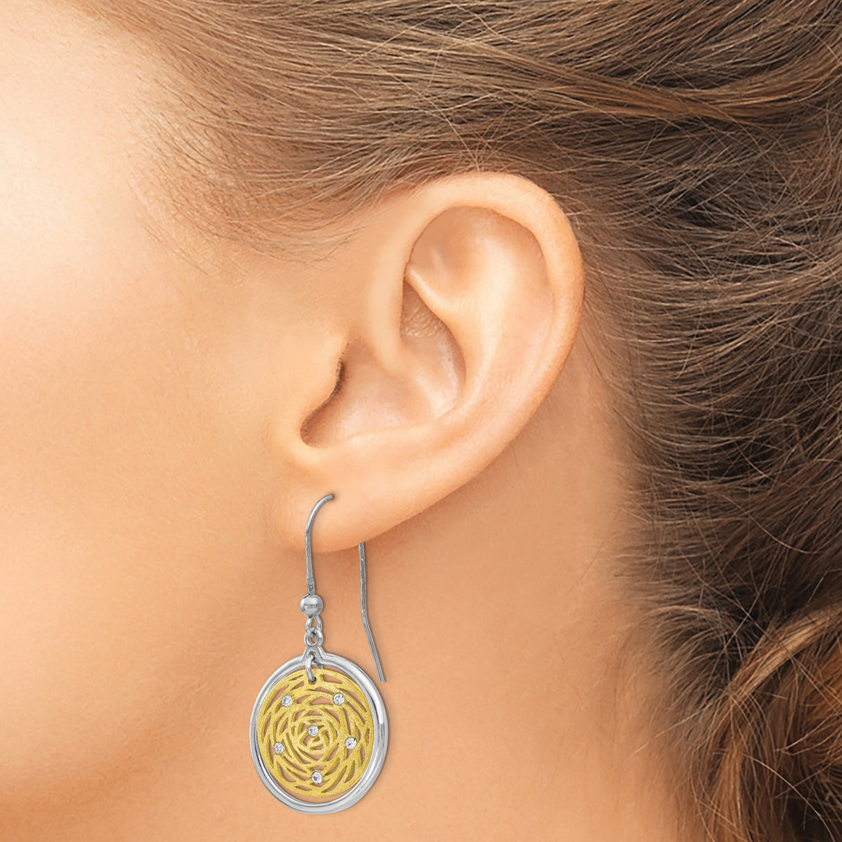 Sterling Silver and 14K Yellow Gold Dangle Earrings with Cubic Zirconia, Swirl Floral Design