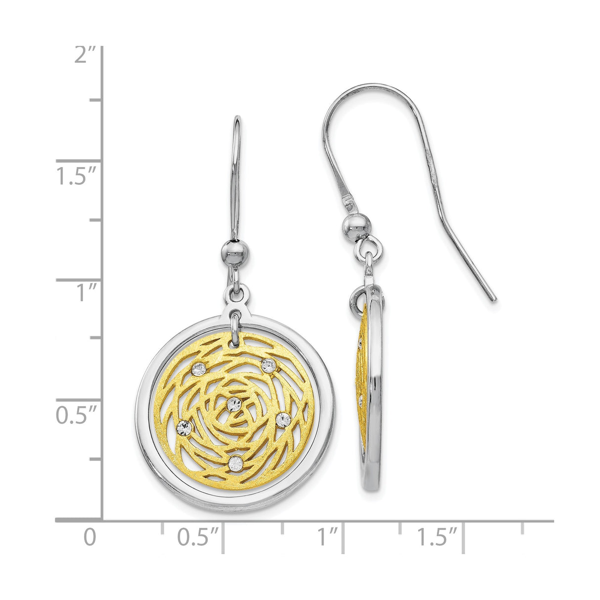 Sterling Silver and 14K Yellow Gold Dangle Earrings with Cubic Zirconia, Swirl Floral Design