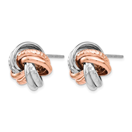 Sterling Silver Love Knot Stud Earrings with Rose Gold and Silver Interwoven Bands, Textured Design