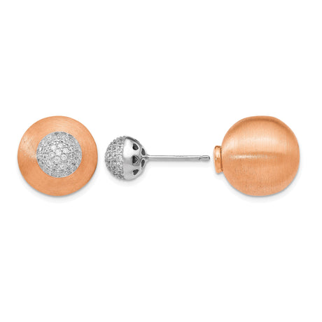 Sterling Silver Stud Earrings with Brushed Disc and Pavé Cubic Zirconia Sphere, Two-Tone Design