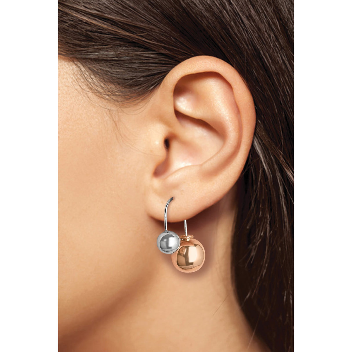 Sterling Silver Drop Earrings with Asymmetrical Double Ball Design, Two-Tone Modern Dangle Style