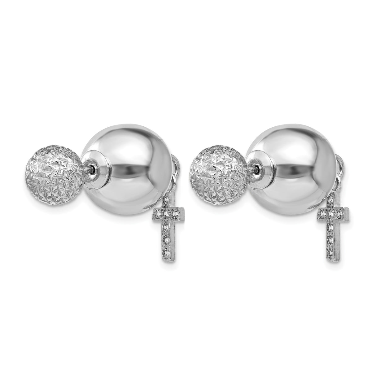 Sterling Silver Cross Dangle Earrings with Cubic Zirconia, Textured Beaded Studs, Front Back Style