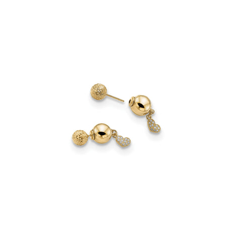 Sterling Silver Drop Earrings with Textured Stud, Polished Bead, and Pavé Heart Charm