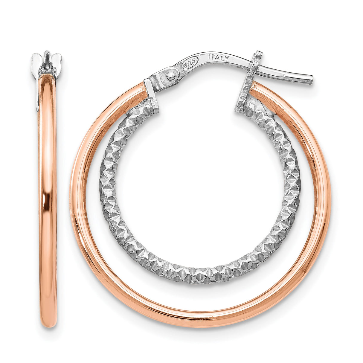 Sterling Silver Double Hoop Earrings with Textured Inner and Polished Outer Hoops, Two Tone Design