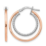 Sterling Silver Double Hoop Earrings with Textured Inner and Polished Outer Hoops, Two Tone Design