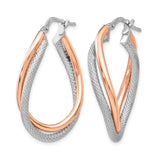 Sterling Silver Twisted Hoop Earrings with Rose Gold-Tone Mesh, Lightweight Polished Design