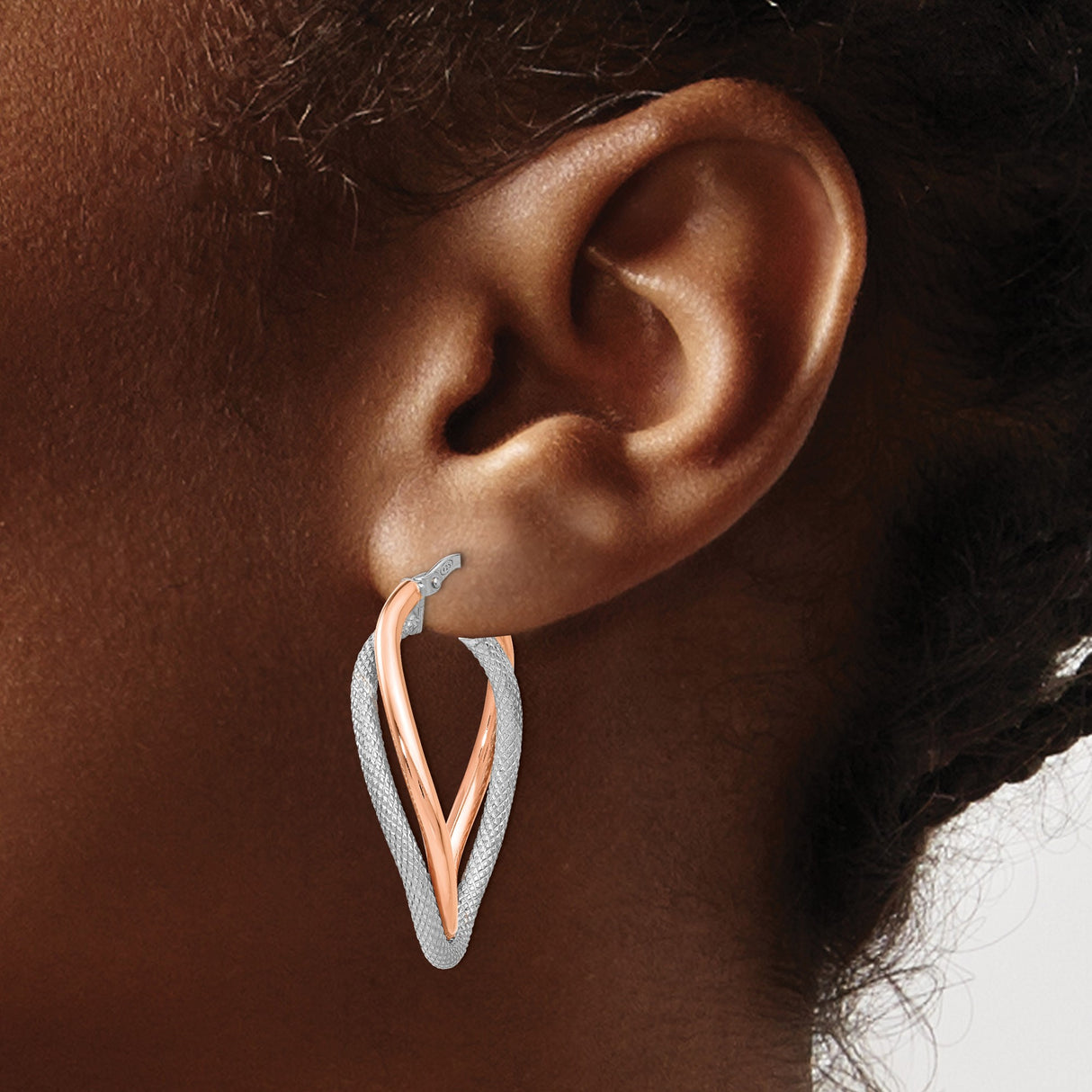 Sterling Silver Twisted Hoop Earrings with Rose Gold-Tone Mesh, Lightweight Polished Design