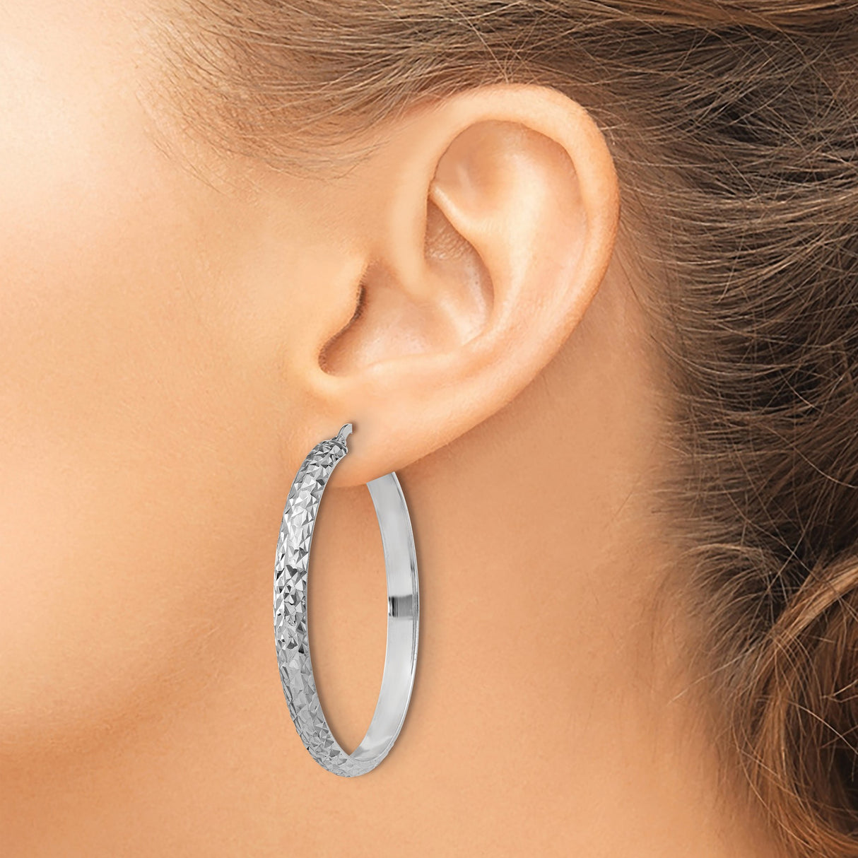 Sterling Silver Hoop Earrings, Diamond Cut Textured Finish, Large Round Design for Women