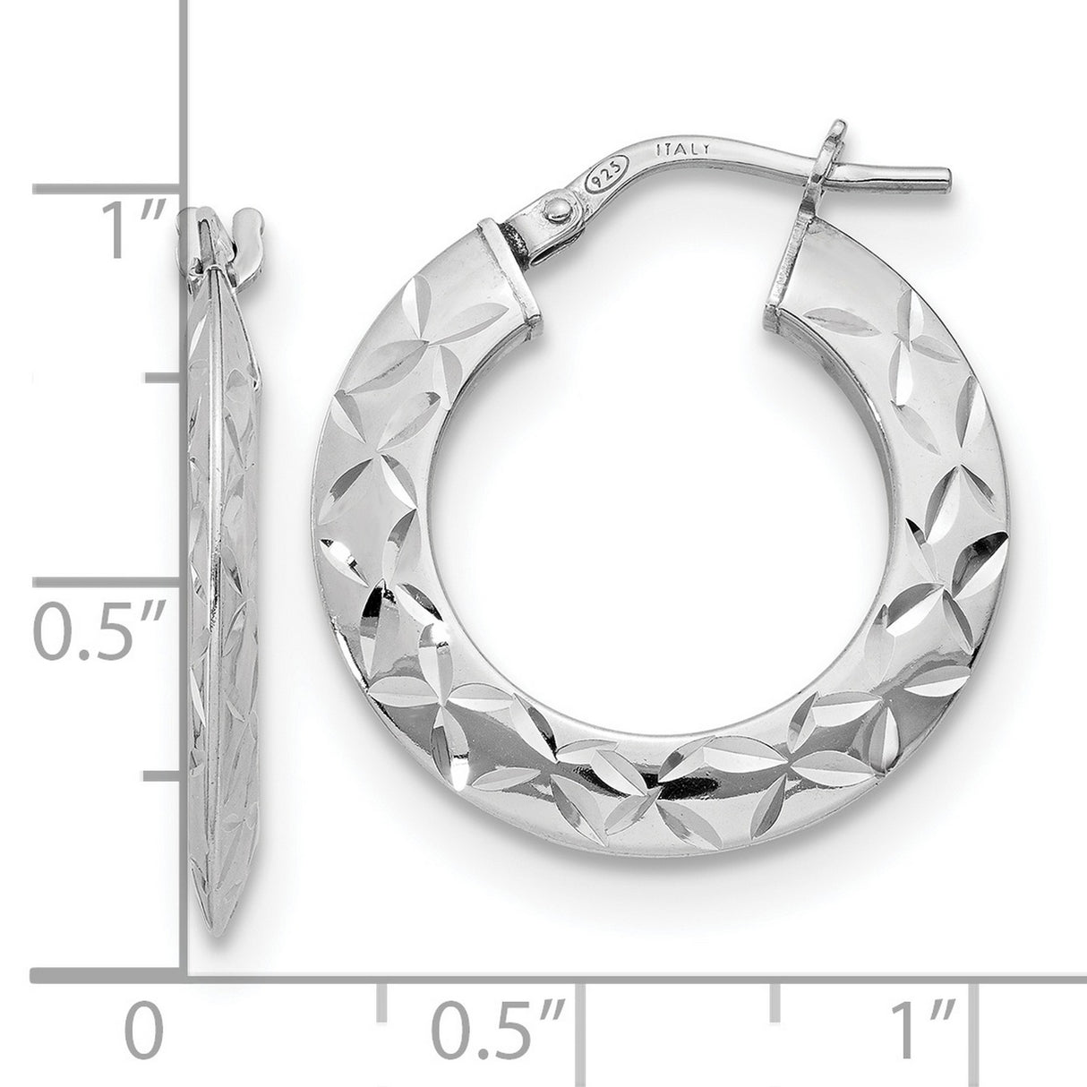 Sterling Silver Hoop Earrings with Diamond-Cut Floral Pattern and Textured Finish