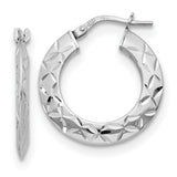 Sterling Silver Hoop Earrings with Diamond-Cut Floral Pattern and Textured Finish