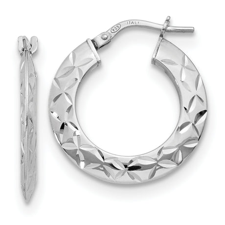 Sterling Silver Hoop Earrings with Diamond-Cut Floral Pattern and Textured Finish