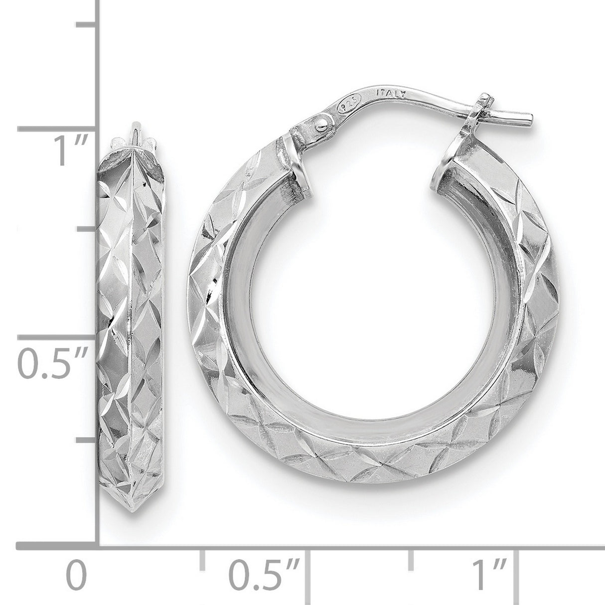 Sterling Silver Hoop Earrings, Diamond Cut Textured with Polished Faceted Finish, Italian Made