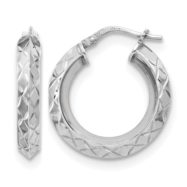 Sterling Silver Hoop Earrings, Diamond Cut Textured with Polished Faceted Finish, Italian Made
