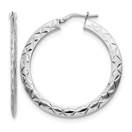 Sterling Silver Hoop Earrings, Diamond Cut Floral and Geometric Pattern, Lightweight Round Design