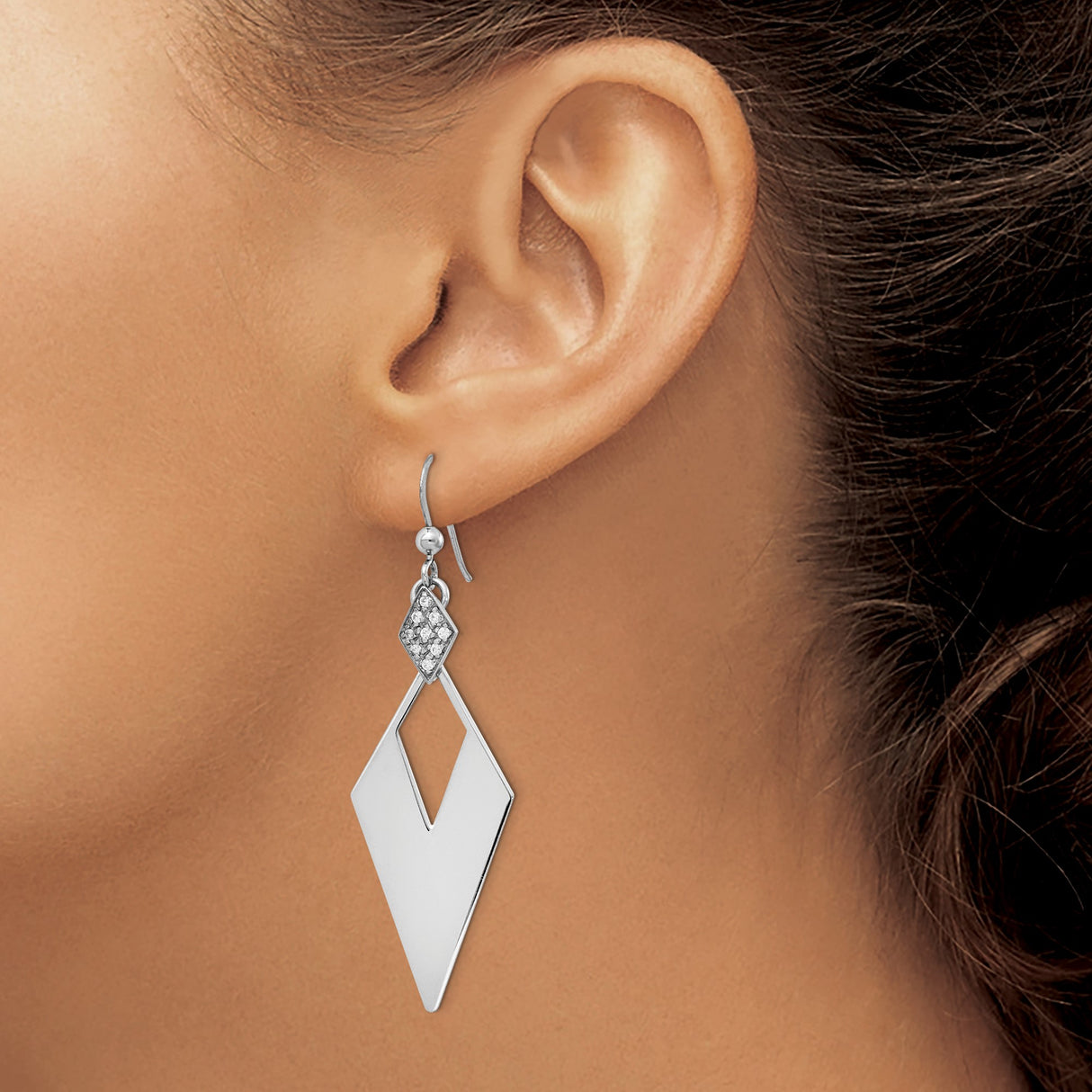 Sterling Silver Dangle Earrings with Crystal, Geometric Cutout and Pave Accents, Modern Drop Design