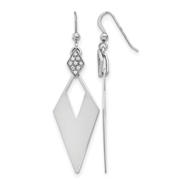 Sterling Silver Dangle Earrings with Crystal, Geometric Cutout and Pave Accents, Modern Drop Design