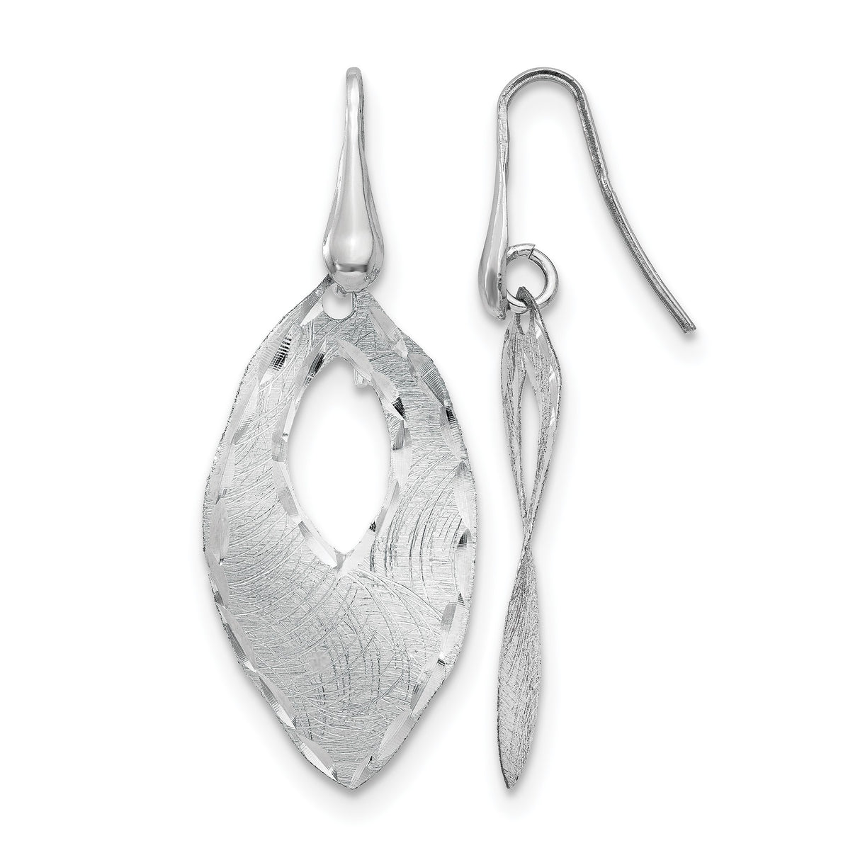 Sterling Silver Dangle Earrings, Marquise Shape with Textured Diamond Cut Leaf Design