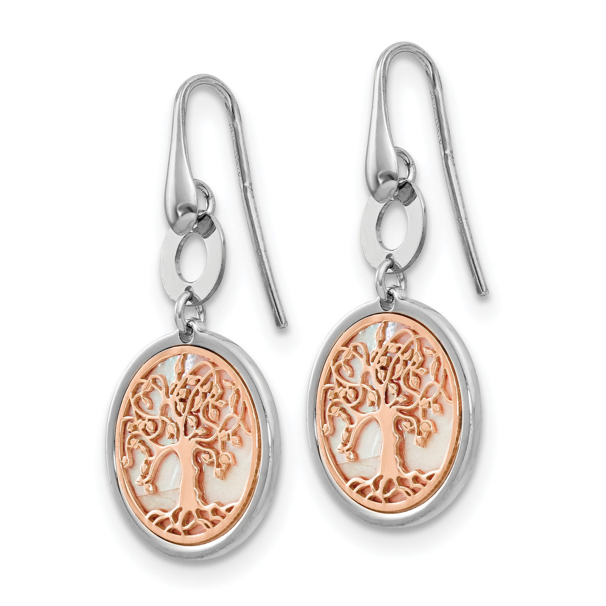 Sterling Silver Dangle Earrings with Mother of Pearl and Rose Gold Tree of Life Design