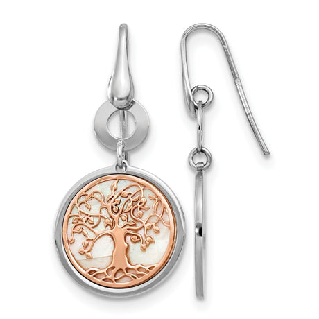 Sterling Silver Dangle Earrings with Mother of Pearl and Rose Gold Tree of Life Design