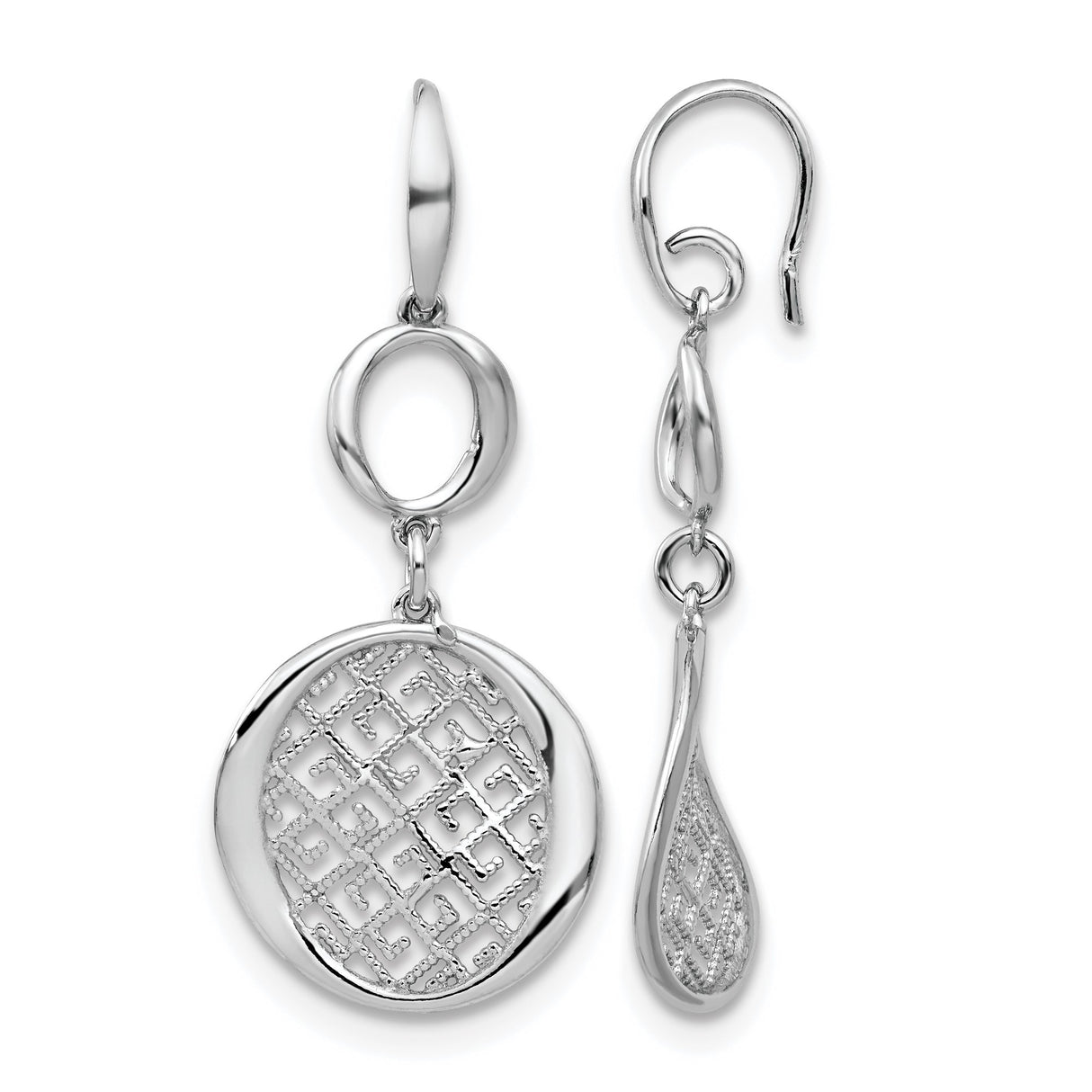 Sterling Silver Dangle Earrings with Teardrop and Circle Shapes, Openwork Lattice Design