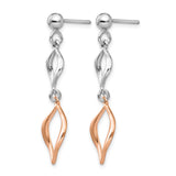 Sterling Silver Dangle Earrings, Rose Gold Accents, Open Marquise Twisted Design