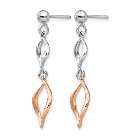 Sterling Silver Dangle Earrings, Rose Gold Accents, Open Marquise Twisted Design
