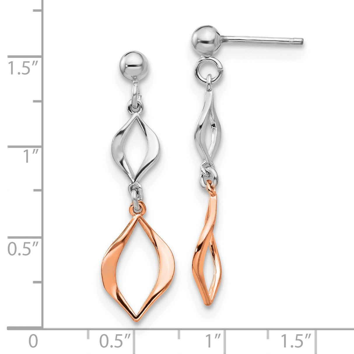 Sterling Silver Dangle Earrings, Rose Gold Accents, Open Marquise Twisted Design