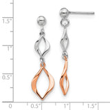 Sterling Silver Dangle Earrings, Rose Gold Accents, Open Marquise Twisted Design